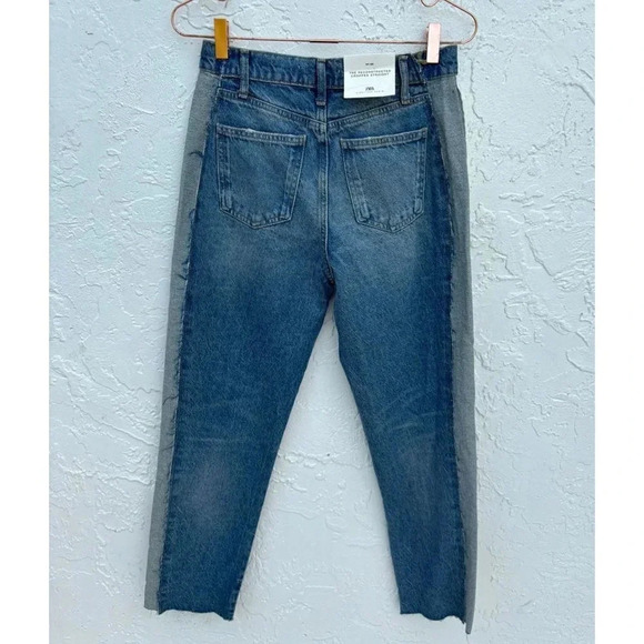 Zara Ruffled Womens Crop Straight Leg Button Fly Patchwork Denim Jeans Blue Sz 4 - Picture 2 of 13